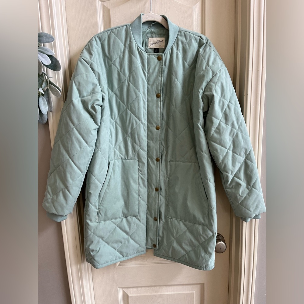 Universal Thread Midi Length Quilted Coat in Mint Green